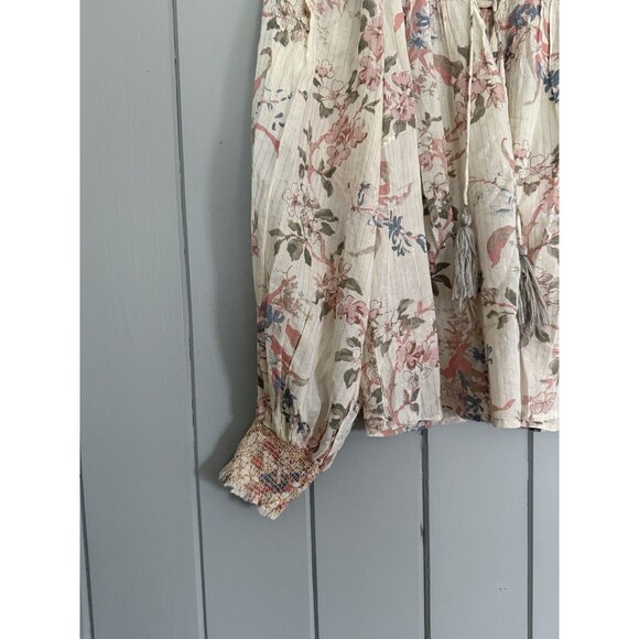 Anthropologie Top XXS Long Sleeve Smocked Lurex Bohemian Cream Pink Boho - Picture 3 of 8